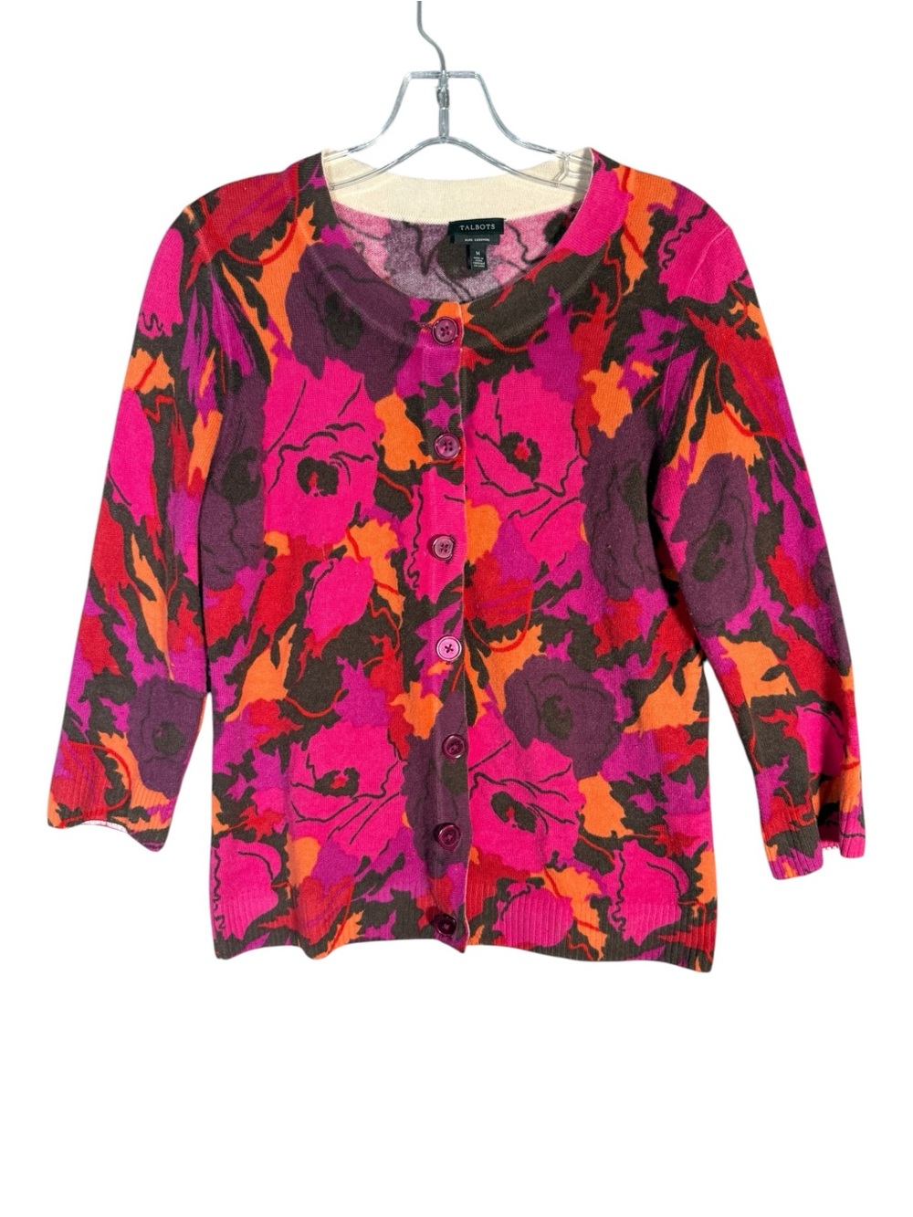 Talbots 100% Cashmere Cardigan Sweater 3/4 Sleeve Lightweight Floral Abstract M